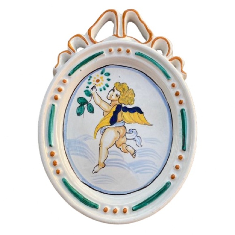 Deruta Italy Handcrafted Ceramic Wall Plaque w/ Cherub 7” x 10” Majolica Pottery